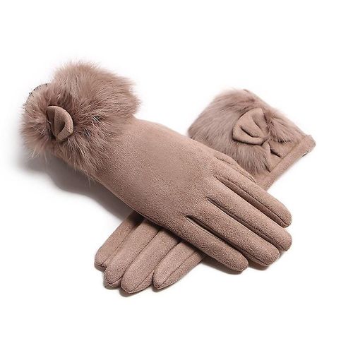 Hiver Femme Daim Cuir Noeud En Peluche Poignet Mitaines Femmes Épais Plus Peluche Coupe-Vent Chaud Écran Tactile Gants De Conduite Taille Unique Kaki