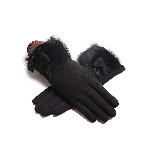 Mitaines D'hiver En Daim Et Cuir Pour Femme, Avec N¿Ud En Peluche, Épaisses Et En Peluche, Coupe-Vent, Chaudes, Pour Écran Tactile, Gants De Conduite, Taille Unique, Noir