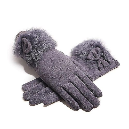 Mitaines D'hiver En Daim Et Cuir Pour Femme, Avec N¿Ud En Peluche, Épaisses Et En Peluche, Coupe-Vent, Chaudes, Pour Écran Tactile, Gants De Conduite, Taille Unique, Gris
