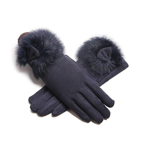 Hiver Femme Daim Cuir Noeud En Peluche Poignet Mitaines Femmes Épais Plus Peluche Coupe-Vent Chaud Écran Tactile Gants De Conduite Taille Unique Bleu Foncé