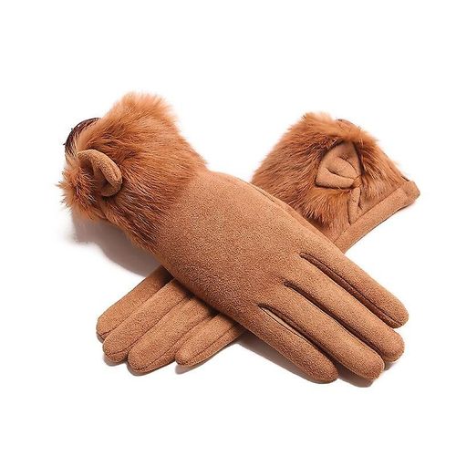 Mitaines D'hiver En Cuir Suédé Pour Femme, Avec N¿Ud En Peluche, Épais Et Peluche, Coupe-Vent, Chaud, Pour Écran Tactile, Gants De Conduite, Taille Unique, Couleur Caramel