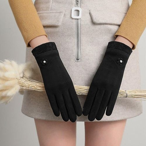 Nouvelle Femme Automne Hiver Non Inversé Velours Cachemire Doigt Complet Chaud Dentelle Gants Femmes Coton Écran Tactile Gants Taille Unique F35 Noir