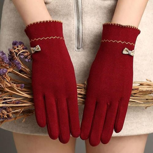 Nouvelle Femme Automne Hiver Non Inversé Velours Cachemire Doigt Complet Chaud Dentelle Gants Femmes Coton Écran Tactile Gants Taille Unique F34 Rouge