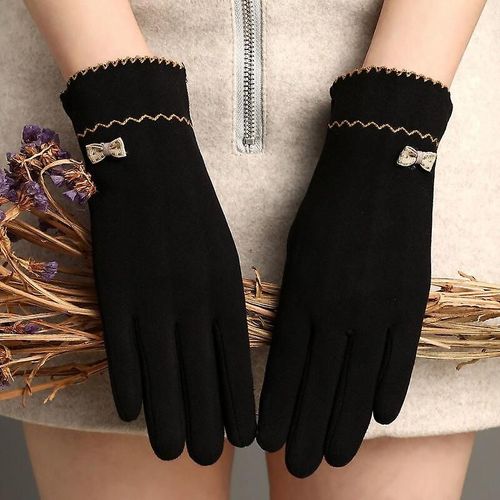 Nouvelle Femme Automne Hiver Non Inversé Velours Cachemire Doigt Complet Chaud Dentelle Gants Femmes Coton Écran Tactile Gants Taille Unique F34 Noir