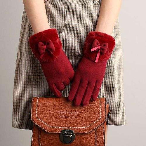 Nouvelle Femme Automne Hiver Non Inversé Velours Cachemire Doigt Complet Chaud Dentelle Gants Femmes Coton Écran Tactile Gants Taille Unique F37 Rouge
