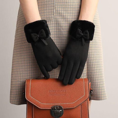 Nouvelle Femme Automne Hiver Non Inversé Velours Cachemire Doigt Complet Chaud Dentelle Gants Femmes Coton Écran Tactile Gants Taille Unique F37 Noir