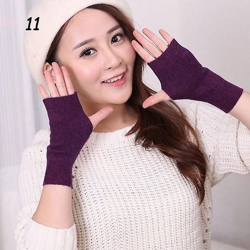 Femmes Hiver Tricoté Mitaines Laine Gant Chaud Solide Stretch Demi Mitaine Dame Tricot Court Gants En Cachemire Pour Femme Taille Unique 11 Hua Violet