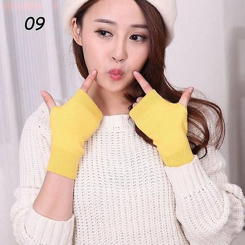 Femmes Hiver Tricoté Sans Doigts Laine Gant Chaud Solide Stretch Demi Mitaine Dame Tricot Court Gants En Cachemire Pour Femme Taille Unique 09goldyellow