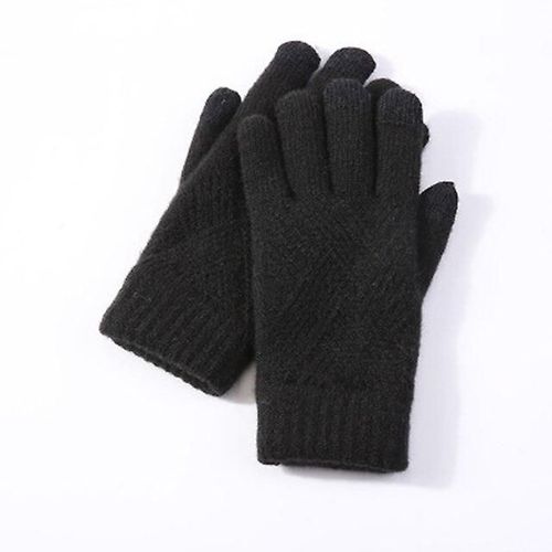 Hommes Femmes Hiver Double Couche Chaud Tricot Doigt Complet Mitaine Femme Laine Écran Tactile Velours Épais Cyclisme Conduite Gant Taille Unique Noir