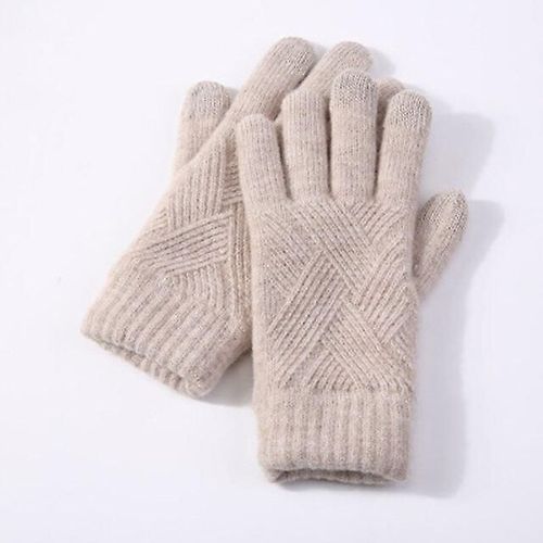 Hommes Femmes Hiver Double Couche Chaud Tricot Doigt Complet Mitaine Femme Laine Écran Tactile Velours Épais Cyclisme Conduite Gant Taille Unique Beige
