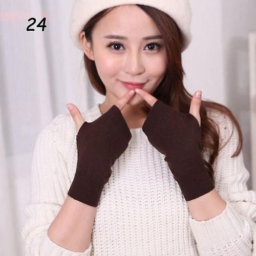 Femmes Hiver Tricoté Sans Doigts Gant De Laine Chaud Solide Extensible Demi Mitaine Dame Tricot Court Gants En Cachemire Pour Femme Taille Unique 24 Café