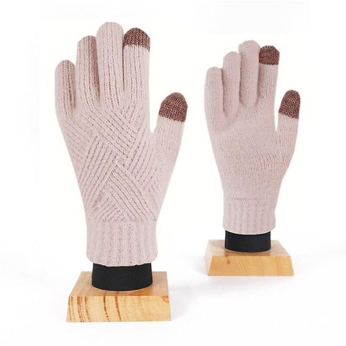 Hommes Femmes Hiver Double Couche Chaud Tricot Doigt Complet Mitaine Femme Laine Écran Tactile Velours Épais Cyclisme Conduite Gant Taille Unique Rose Clair
