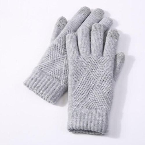 Hommes Femmes Hiver Double Couche Chaud Tricot Doigt Complet Mitaine Femme Laine Écran Tactile Velours Épais Cyclisme Conduite Gant Taille Unique Gris Clair