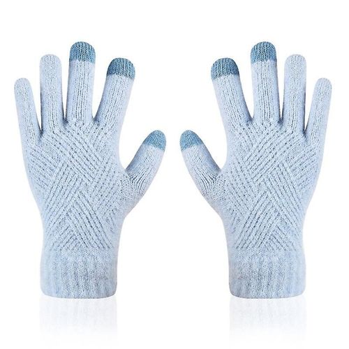 Hommes Femmes Hiver Double Couche Chaud Tricot Doigt Complet Mitaine Femme Laine Écran Tactile Velours Épais Cyclisme Conduite Gant Taille Unique Bleu Clair