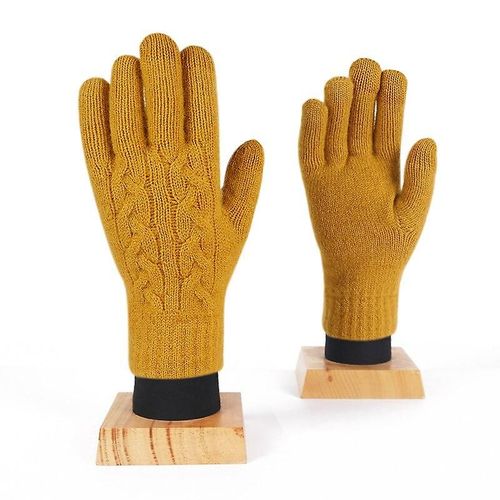 Hommes Femmes Hiver Double Couche Chaud Tricot Doigt Complet Mitaine Femme Laine Écran Tactile Velours Épais Cyclisme Conduite Gant Taille Unique F85 Jaune
