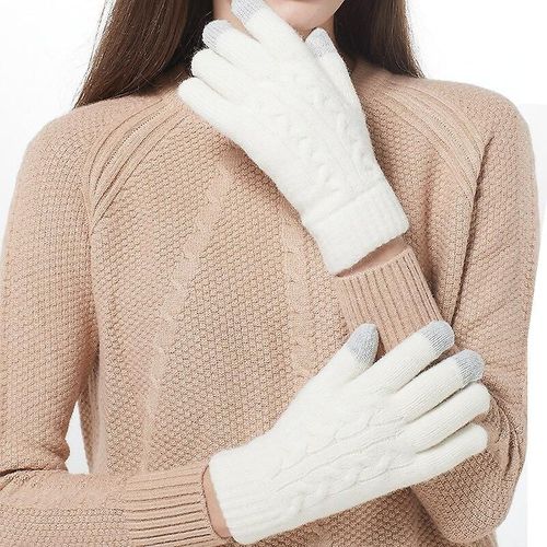 Hommes Femmes Hiver Double Couche Chaud Tricot Doigt Complet Mitaine Femme Laine Écran Tactile Épais Velours Cyclisme Conduite Gant Taille Unique F85 Blanc