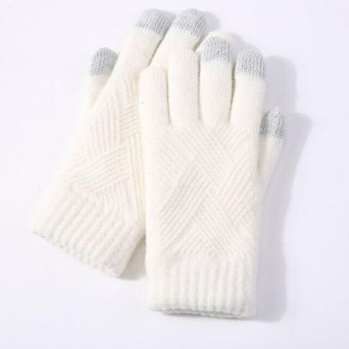 Hommes Femmes Hiver Double Couche Chaud Tricot Doigt Complet Mitaine Femme Laine Écran Tactile Velours Épais Cyclisme Conduite Gant Taille Unique Blanc