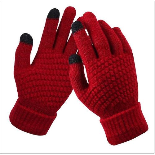 Gants D'écran D'hiver Pour Femmes Et Hommes, Mitaines Chaudes Et Extensibles En Tricot, Imitation Laine, Doigt Complet, Crochet Épais 21x12cm, Rouge