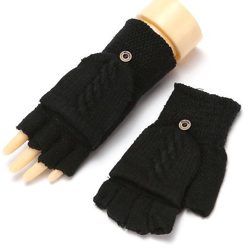 Gants D'hiver Chauds En Laine Épaississants Tricotés Sans Doigts Avec Doigts Exposés Gants Épais Sans Doigts Mitaines Gants Pour Femme Taille Unique A-Noir