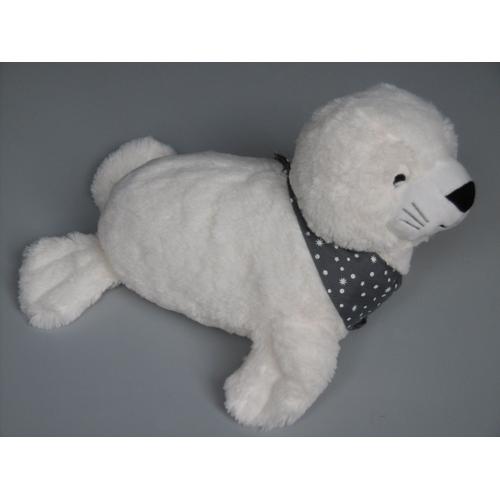 Doudou Phoque Peluche Blanche Bandana Gris Pois Blancs 39 Cm Damart