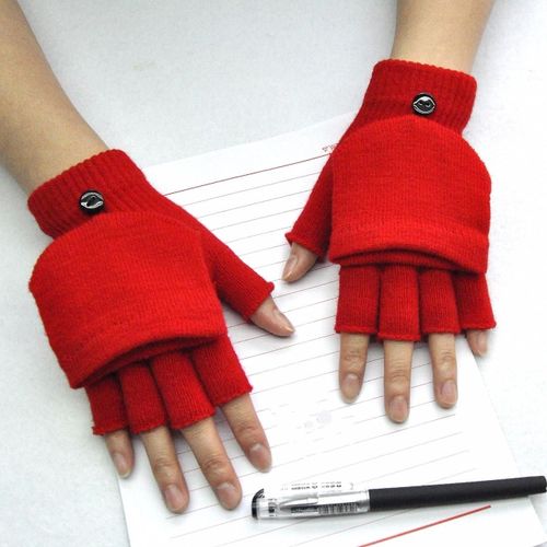 Gants De Laine Épais Chauds D'hiver Tricotés À Rabat Sans Doigts, Gants Épais Sans Doigts, Mitaines Pour Femmes, Taille Unique B-Rouge