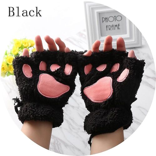 1 Paire De Gants Chauds D'hiver Sans Doigts Pour Femmes Et Filles, Ours Pelucheux, Chat En Peluche, Griffe De Patte, Demi-Doigt, Mitaine, Nouvelle Taille Unique, Noir