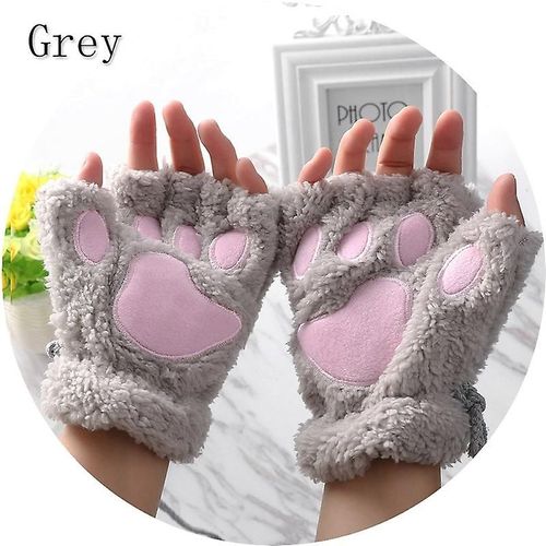 Paire De Gants Chauds D'hiver Sans Doigts Pour Femmes Et Filles, Ours Pelucheux, Chat En Peluche, Griffe De Patte, Demi-Doigt, Mitaine, Nouvelle Taille Unique, Gris