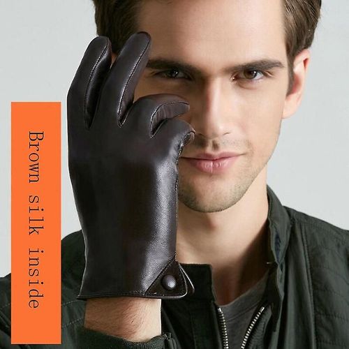 Gants En Cuir Véritable Pour Hommes, Fins Et Épais, En Peluche, Chauds D'hiver En Peau De Mouton, Doigt Complet, Écran Tactile, Gants De Conduite, Mitaines La Marron Soyeux À L'intérieur