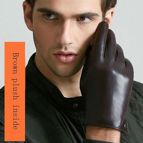 Gants En Cuir Véritable Pour Hommes, En Peluche Fine Et Épaisse, Chauds D'hiver En Peau De Mouton, Gants De Conduite À Écran Tactile, Mitaines La Marron En Peluche À L'intérieur