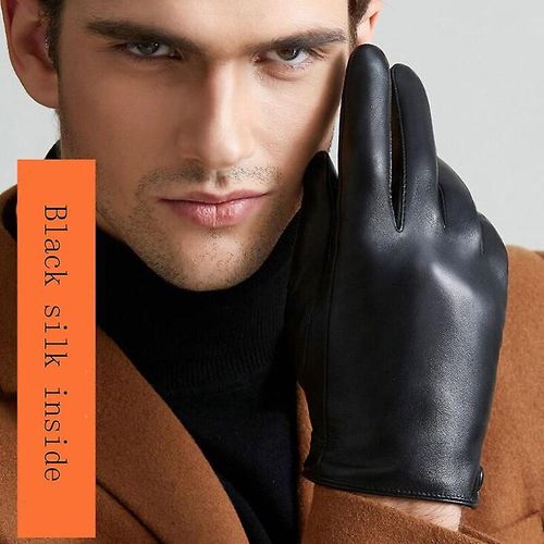 Gants En Cuir Véritable Pour Hommes, Fins Et Épais, En Peluche, Chauds D'hiver, En Peau De Mouton, Doigt Complet, Écran Tactile, Gants De Conduite, Mitaines Xl, Noir, Intérieur Soyeux