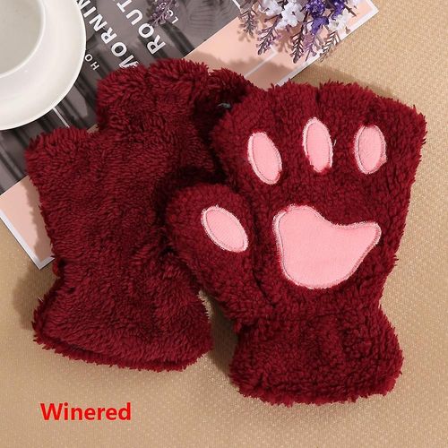 1 Paire De Gants Chauds D'hiver Sans Doigts Pour Femmes Et Filles, Ours Pelucheux, Chat En Peluche, Griffe De Patte, Demi-Doigt, Mitaine, Nouvelle Taille Unique, Vin Rouge