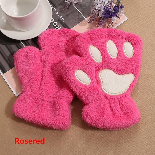 1 Paire De Gants Chauds D'hiver Sans Doigts Pour Femmes Et Filles, Ours Pelucheux, Chat En Peluche, Griffe De Patte, Demi-Doigt, Mitaine, Nouvelle Taille Unique Rose Rouge