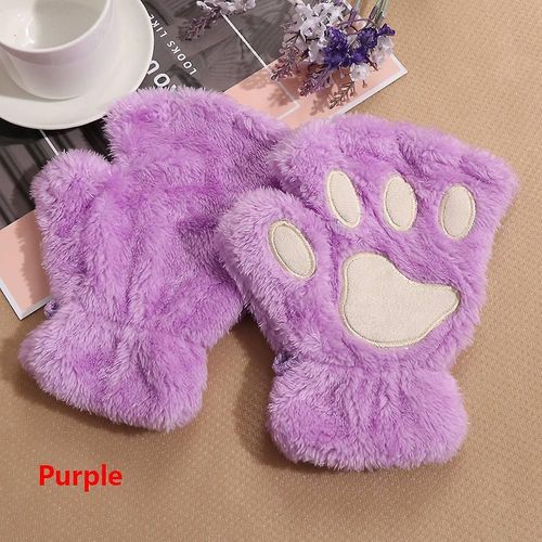 Paire De Gants Chauds D'hiver Sans Doigts Pour Femmes Et Filles, Ours Pelucheux, Chat En Peluche, Griffe De Patte, Demi-Doigt, Mitaine, Nouvelle Taille Unique, Violet