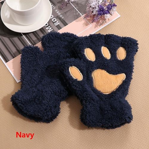 1 Paire De Gants Chauds D'hiver Sans Doigts Pour Femmes Et Filles, Ours Pelucheux, Chat En Peluche, Griffe De Patte, Demi-Doigt, Mitaine, Nouvelle Taille Unique, Marine