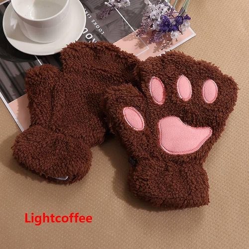 1 Paire De Gants Chauds D'hiver Sans Doigts Pour Femmes Et Filles, Ours Pelucheux, Chat En Peluche, Griffe De Patte, Demi-Doigt, Mitaine, Nouvelle Taille, Café Clair