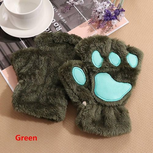 1 Paire De Gants Chauds D'hiver Sans Doigts Pour Femmes Et Filles, Ours Pelucheux, Chat En Peluche, Griffe De Patte, Demi-Doigt, Mitaine, Nouvelle Taille Unique, Vert