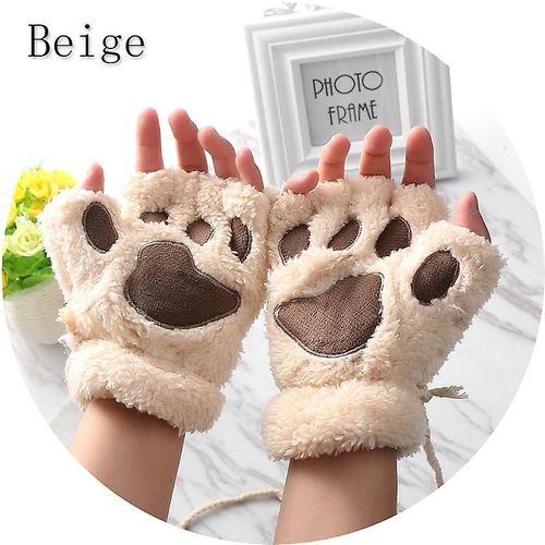 1 Paire De Gants Chauds D'hiver Sans Doigts Pour Femmes Et Filles, Ours Pelucheux, Chat En Peluche, Griffe De Patte, Demi-Doigt, Mitaine, Nouvelle Taille Unique, Beige