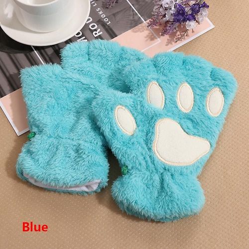 1 Paire De Gants Chauds D'hiver Sans Doigts Pour Femmes Et Filles, Ours Pelucheux, Chat En Peluche, Griffe De Patte, Demi-Doigt, Mitaine, Nouvelle Taille Unique, Bleu