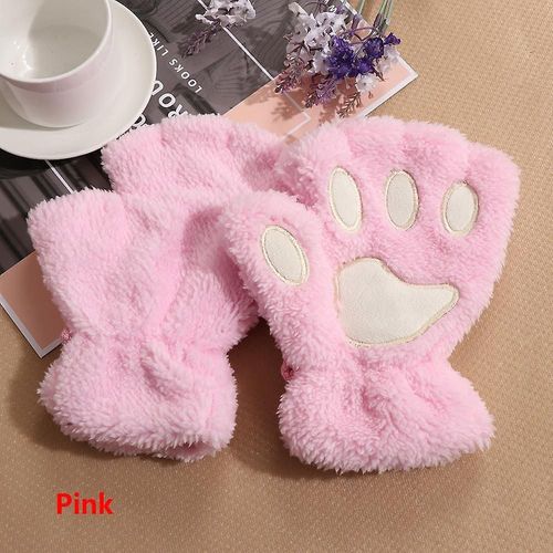 1 Paire De Gants Chauds D'hiver Sans Doigts Pour Femmes Et Filles, Ours Pelucheux, Chat En Peluche, Griffe De Patte, Demi-Doigt, Mitaine, Nouvelle Taille Unique, Rose