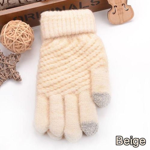 Gants Tricotés Hiver Chaud Épais Écran Tactile Gants De Fourrure Mitaines Solides Pour Téléphone Portable Tablette Pad Femmes Cachemire Laine Gant Taille Unique Nouveau Beige