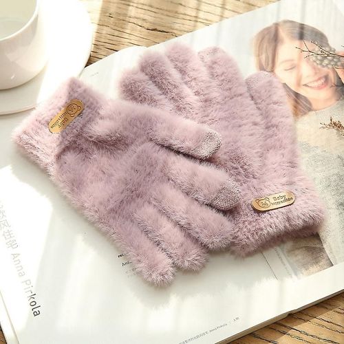Gants Tricotés Hiver Chaud Épais Écran Tactile Gants De Fourrure Mitaines Solides Pour Téléphone Portable Tablette Pad Femmes Cachemire Laine Gant Taille Unique Violet Clair