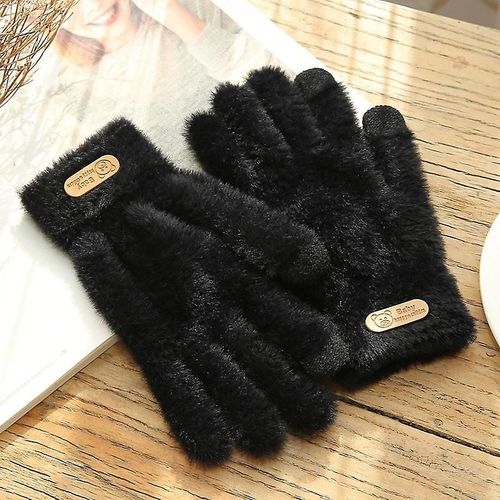 Gants Tricotés Hiver Chaud Épais Écran Tactile Gants De Fourrure Mitaines Solides Pour Téléphone Portable Tablette Pad Femmes Cachemire Laine Gant Taille Unique Noir
