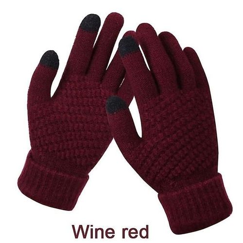 Gants Tricotés Hiver Chaud Épais Écran Tactile Gants De Fourrure Mitaines Solides Pour Téléphone Portable Tablette Pad Femmes Cachemire Laine Gant Taille Unique Nouveau Vin Rouge