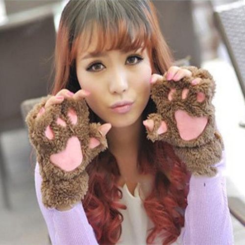 Belles Femmes Griffe De Chat Patte Mitaine En Peluche Gant Costume Mignon Hiver Chaud Demi Doigt Gants Femmes Femme Gants Mitaine Kaki