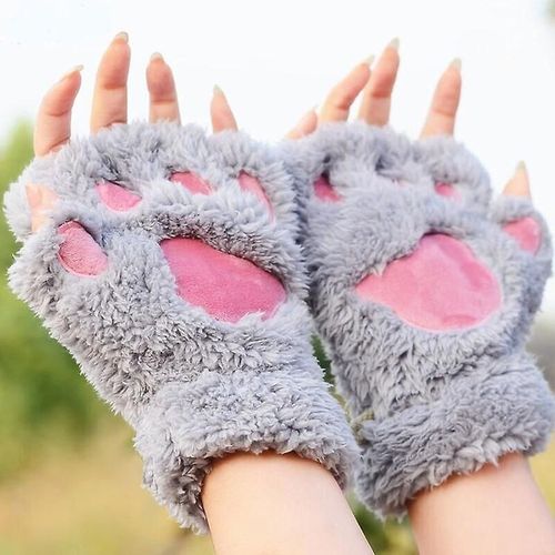 Belles Femmes Griffe De Chat Patte Mitaine En Peluche Gant Costume Mignon Hiver Chaud Demi Doigt Gants Femmes Femme Gants Mitaine Gris