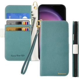 Coque Pour Samsung Galaxy S24 Fe 5g Rabat,Housse Samsung S24 Fe 5g Clapet,Portefeuille Etui Avec Fonction Support Et Porte-Carte,Litchi Texturé Cuir/Antichoc Flip Cover Case.Bleu Vert