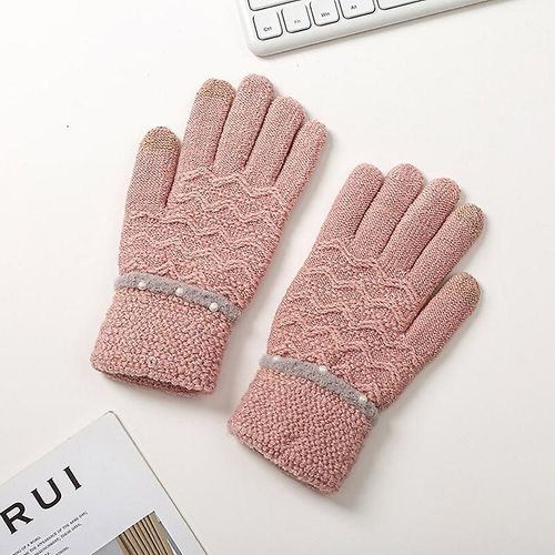 Gants Tricotés D'hiver Pour Femmes, Épais Et Chauds, Décoration De Perles, Écran Tactile, Doigts Complets, Mitaines De Poignet, Taille Unique, Rose Foncé