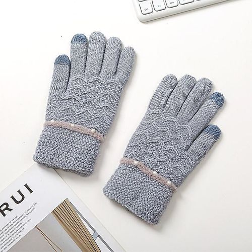 Gants Tricotés D'hiver Pour Femmes, Épais Et Chauds, Décoration De Perles, Écran Tactile, Doigts Complets, Mitaines De Poignet Pour Dames, Taille Unique, Bleu