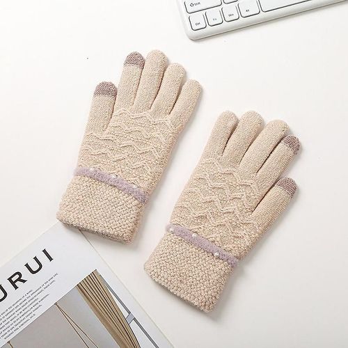 Gants Tricotés D'hiver Pour Femmes, Épais Et Chauds, Décoration De Perles, Écran Tactile, Doigts Complets, Mitaines De Poignet, Taille Unique, Beige