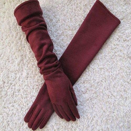 Gants Pour Écran Tactile Gants Chauds À Doigts Complets Gants D'hiver Pour Dames En Daim Long 50 Cm Bras En Daim Mode Écran Tactile Gants Épais Vin Rouge